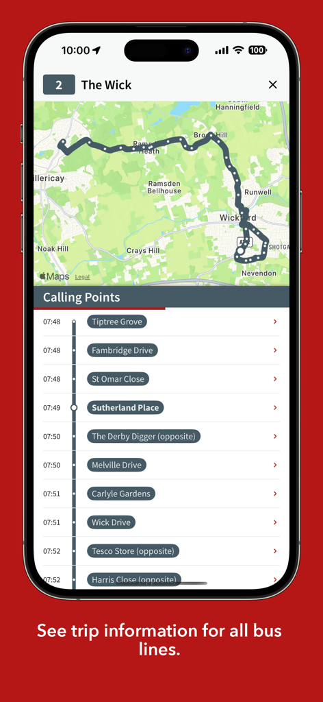 NIBS Buses - The NIBS Buses app interface displaying a route map and a detailed list of calling points with arrival times for a specific bus line in Essex