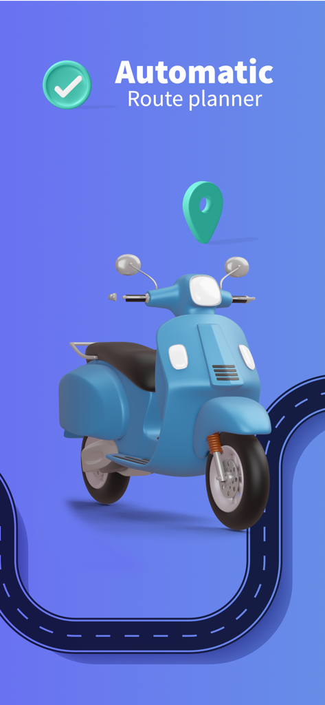 Route Planner - GetWay‎ - Uma scooter de entrega azul em uma estrada sinuosa com um planejador de rota automático e um pino de localização.