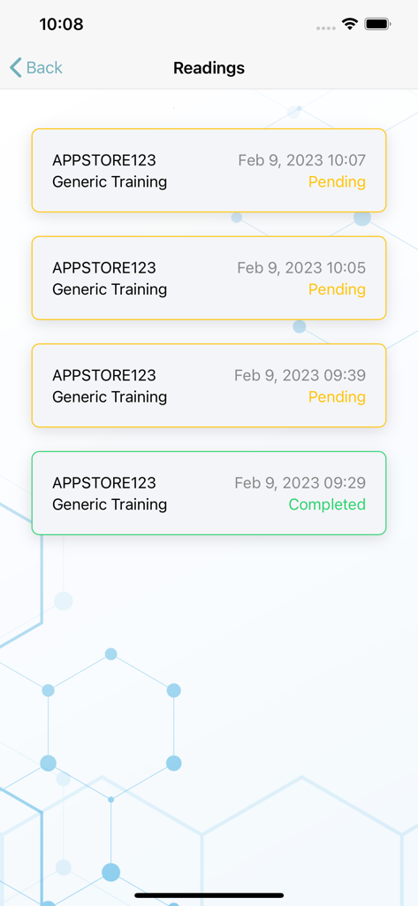 Qassay - Una lista de lecturas de diagnóstico en la aplicación Qassay que muestra estados de prueba pendientes y completados