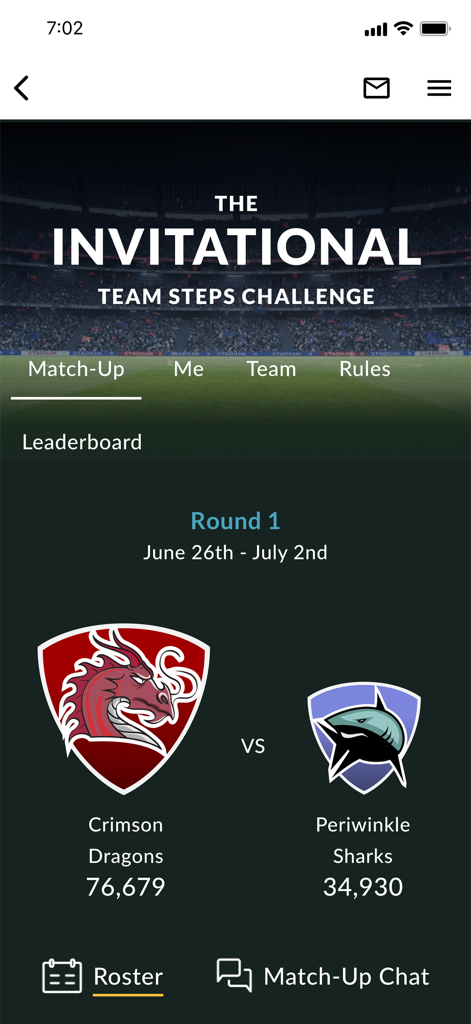 Wellness At Your Side - Leaderboard for a team steps challenge between two groups in the Wellness At Your Side app.