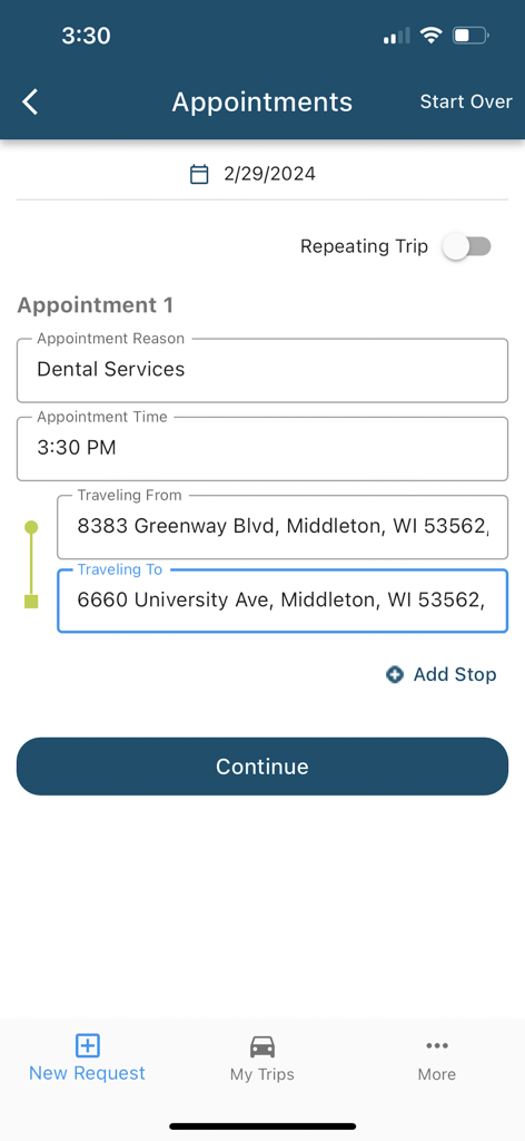 MTM Link Member - Mobile screen showing a medical transportation ride request for dental services with date time and address fields