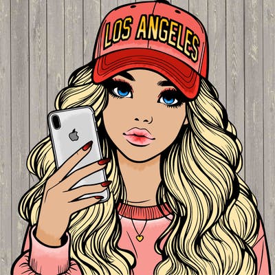 realistic beautiful girl wearing los ángeles cap holding an iphone