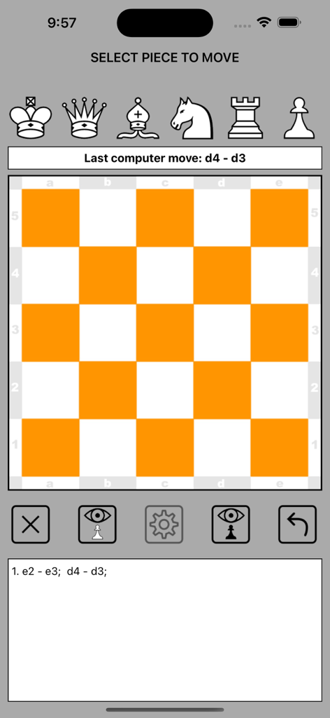 Blindfold Chess 5x5 - Blindfold Chess 5x5 minimalist game interface with an empty orange and white board and move selection icons