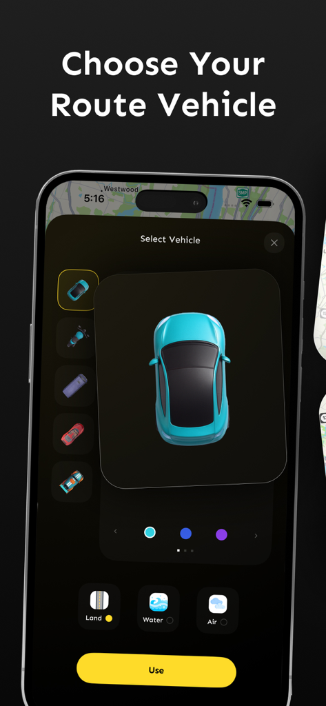 Travel Animator 3D Video-TripQ - Screenshot of the Travel Animator 3D Video app showing the interface for selecting a vehicle for a travel route animation.