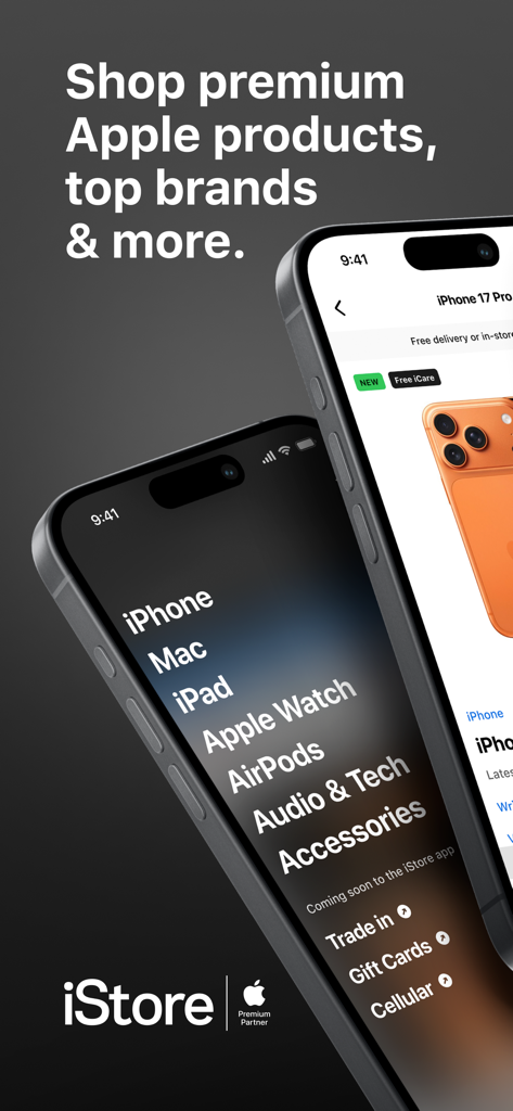 The iStore South Africa mobile app interface displaying Apple product categories and an iPhone product page.