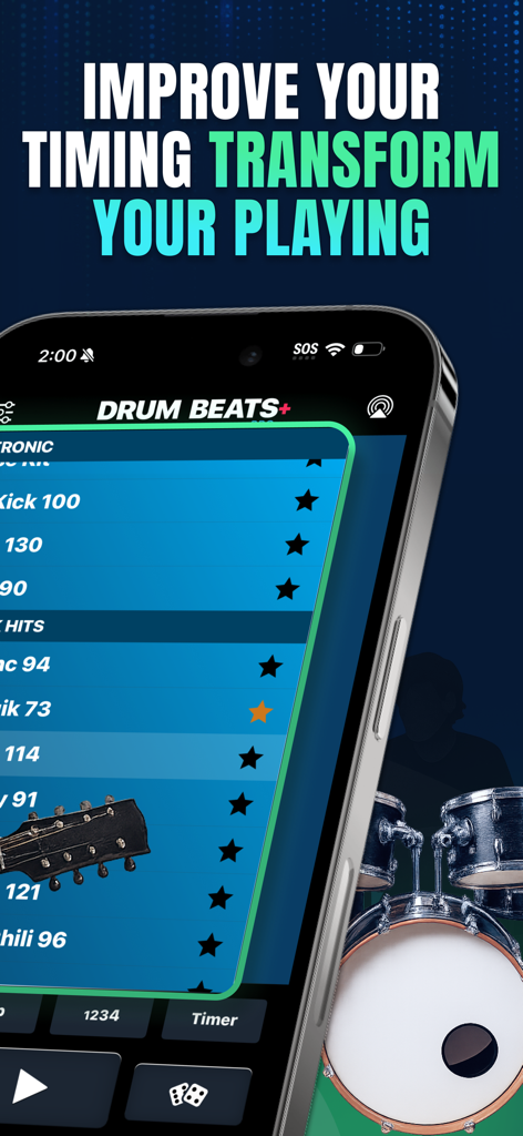 Interfaz de la aplicación de caja de ritmos Drum Beats Plus para mejorar el tempo musical