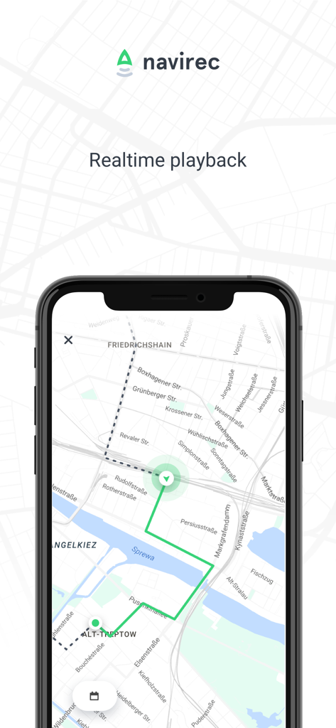 Navirec - Navirec app interface showing real time playback of a vehicle route on a digital city map