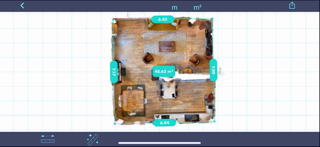Top down view of a 3D room scan and floor plan with dimensions created by CamToPlan app