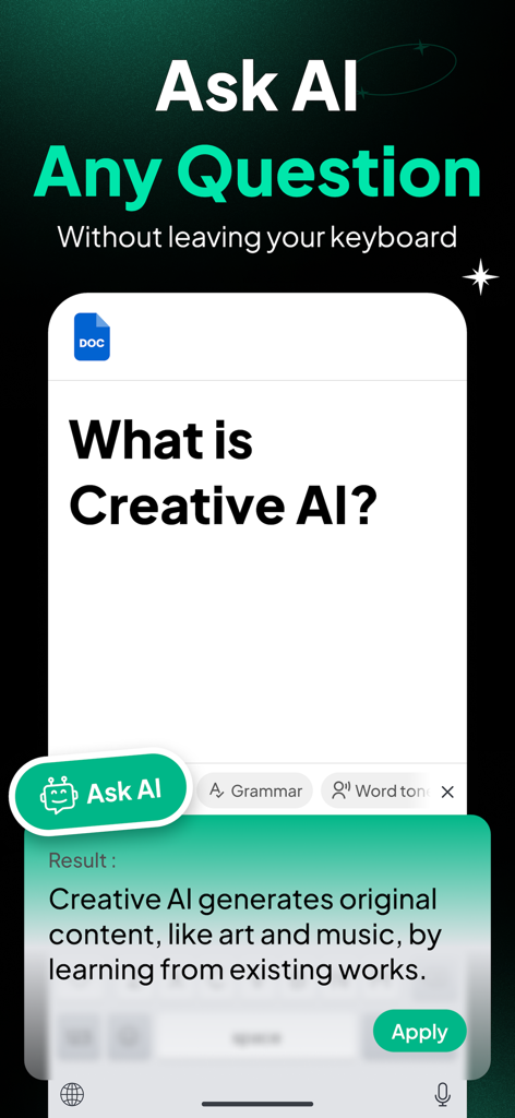 TypeFix: AI Writing Keyboard - Une interface mobile pour le clavier IA TypeFix démontrant la fonctionnalité Demander à l'IA où un utilisateur reçoit une réponse à une question sans quitter son clavier.