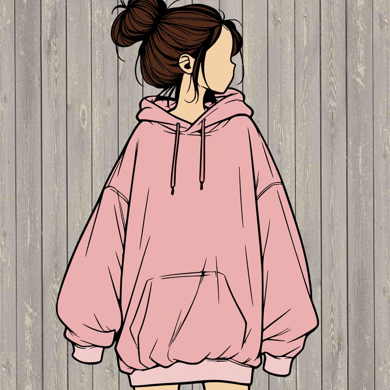 realistic girl with a oversized sweatshirt on and a bun