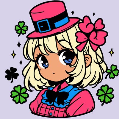 a manga-style girl with clovers around her, a little hat in her hair, like it's saint patrick's day
