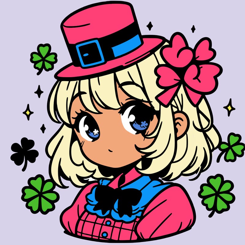 a manga-style girl with clovers around her, a little hat in her hair, like it's saint patrick's day