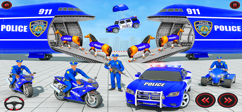 Police Transport Truck Driving - Avión de carga de transporte policial de EE.UU. cargando caballos con oficiales de policía, coches y motocicletas en primer plano