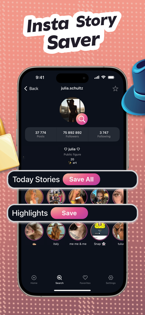 Blindstory app screenshot showing an Instagram profile view with options to save stories and highlights anonymously.