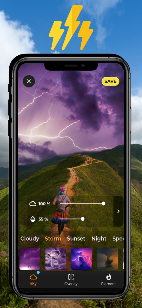 Sky Editor - SkyPic - iPhone screen showing a hiking photo being edited with a dramatic purple lightning storm sky effect in the SkyPic app.