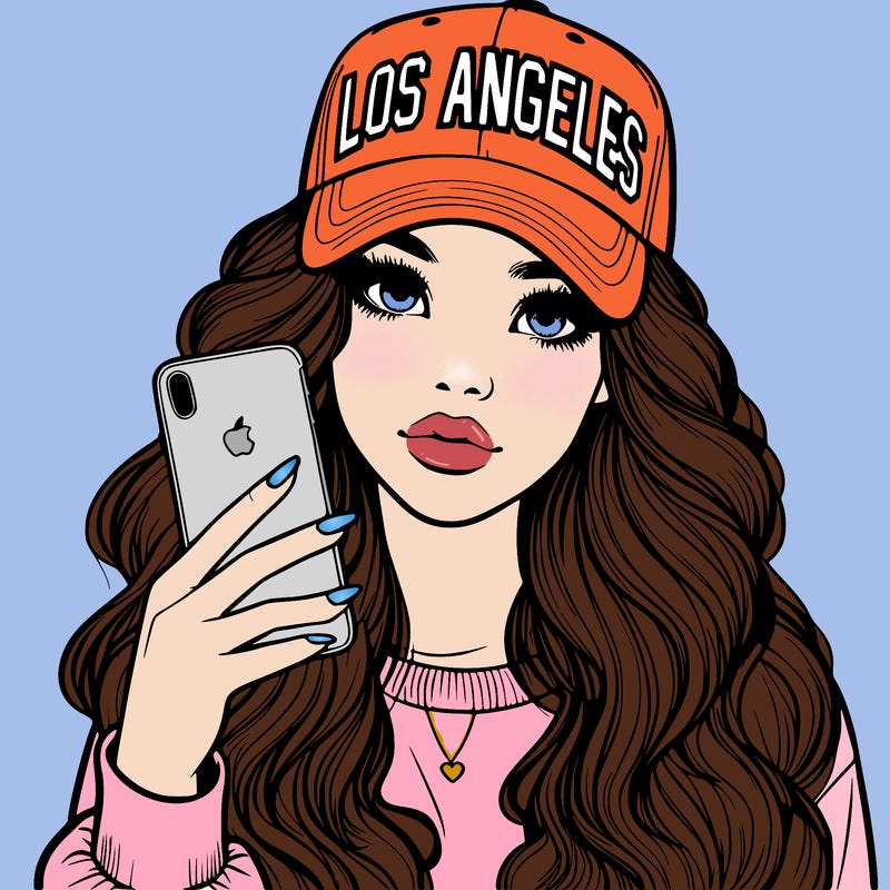 realistic beautiful girl wearing los ángeles cap holding an iphone