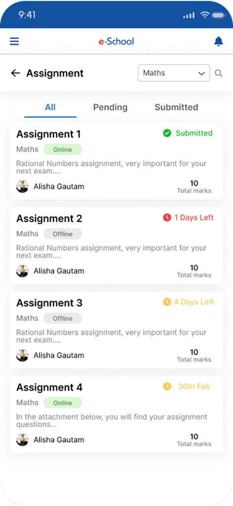 eSchool App by eZone - Pantalla móvil de la aplicación eSchool que muestra una lista de tareas de matemáticas con estados de entrega y fechas de vencimiento.
