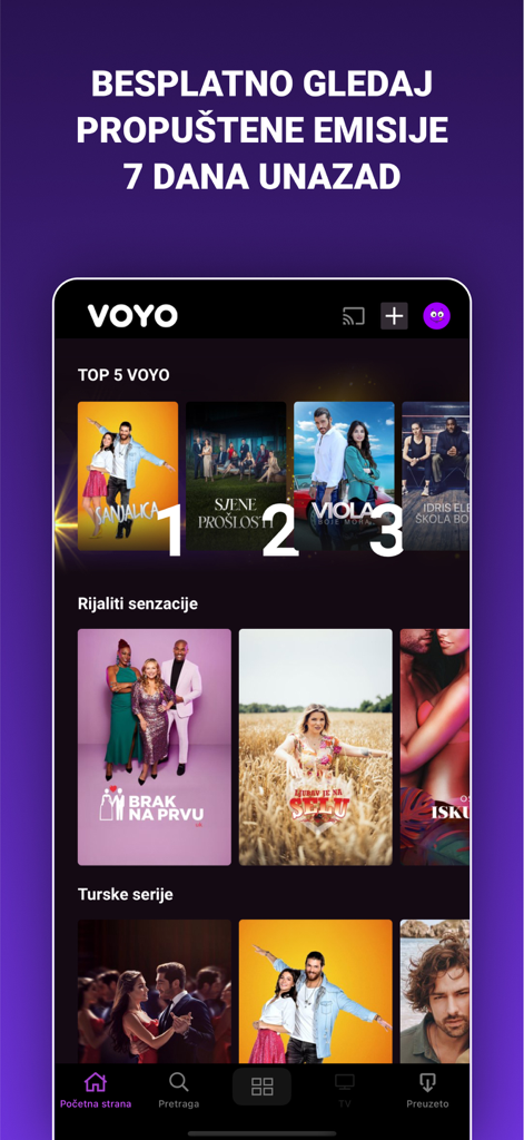 VOYO.rs - Interfaz de la aplicación de streaming Voyo que muestra programas de telerrealidad balcánicos de moda y series turcas con una función de repetición de 7 días
