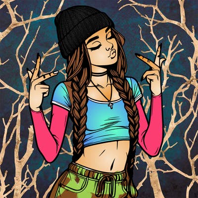 realistic teenage girl with braids and a beanie and crop top doing 🫶🏼
