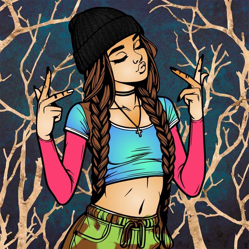 realistic teenage girl with braids and a beanie and crop top doing 🫶🏼