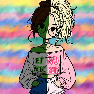 girl with a messy ponytail glasses a baggy crop top and jean shorts