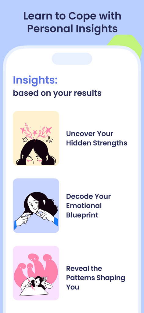 Breeze app interface showing personalized insights for self-discovery and mental health