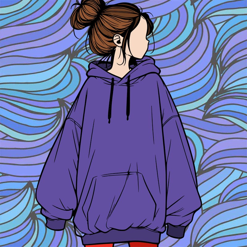 realistic girl with a oversized sweatshirt on and a bun