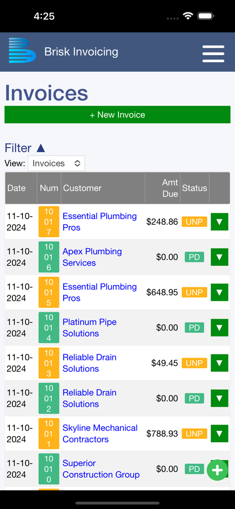 Brisk Invoicing - Brisk Invoicing app mobile interface showing a list of customer invoices with paid and unpaid status labels