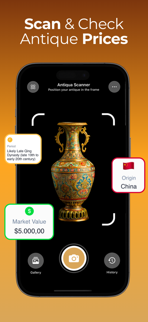 Antique Identifier by Photo - Aplicativo de identificação de antiguidades digitalizando um vaso vintage com resultados de valor de mercado e origem