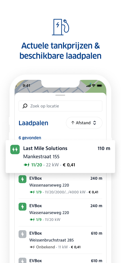 ANWB Onderweg & Wegenwacht - ANWB Onderweg app screen showing a list of available EV charging stations with prices and distance
