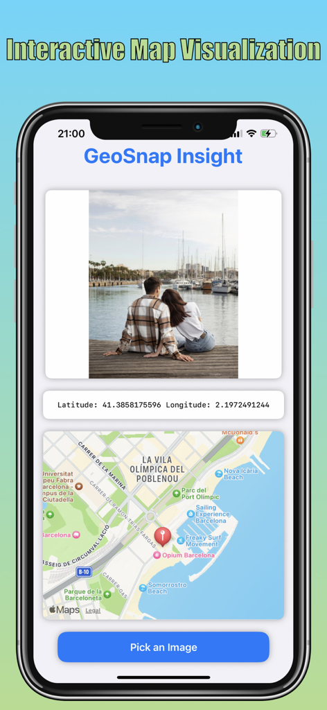 GeoSnap Insight - GeoSnap Insight app screen showing an interactive map pinpointing the location of a photo taken in Barcelona