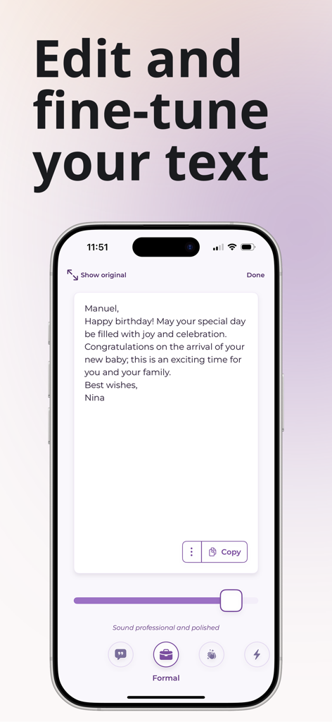 A smartphone displaying the ParagraphAI app interface for editing and fine-tuning text tone to sound professional.