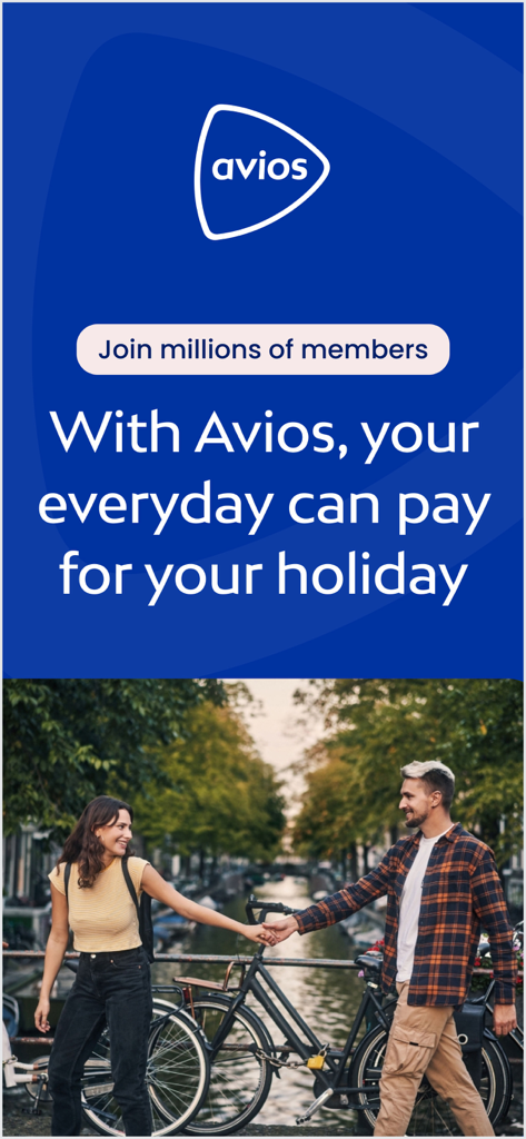 Avios: Shop, Collect & Travel - ヨーロッパの都市で休暇中のカップルと、毎日の出費が旅行費用になることを示すAviosのスローガン