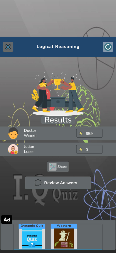 Ergebnisbildschirm der Logic IQ Quiz-App mit einer Siegertrophäe und Punktzahlen für einen Test zum logischen Denken