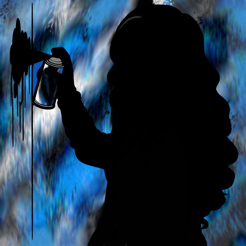 realistic girl with mask spray painting a wall