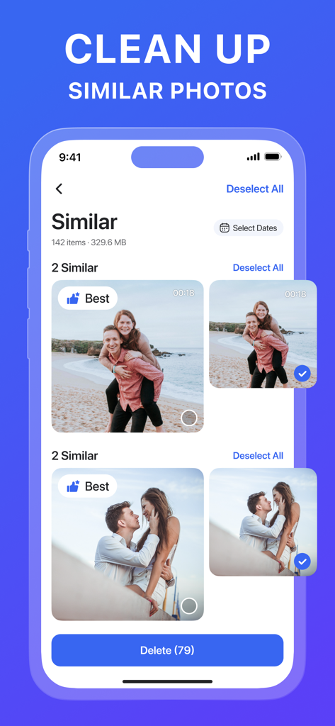 Ora Cleaner App-Oberfläche identifiziert ähnliche Fotos und schlägt das beste Bild zur Speicherbereinigung vor