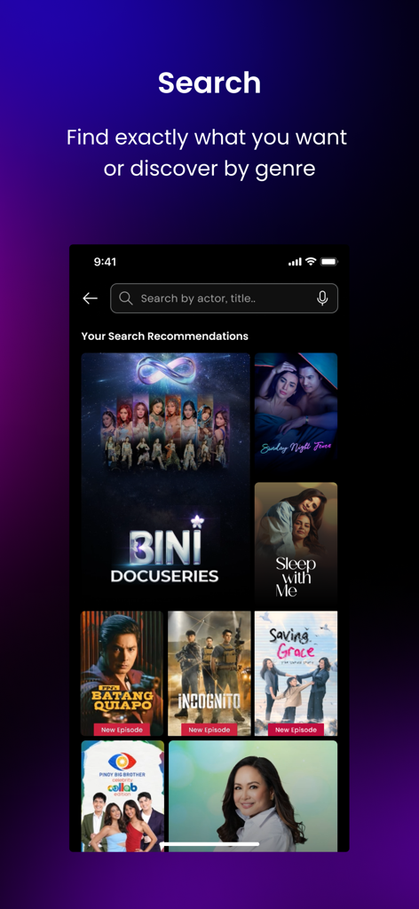 iWantTFC search interface showing recommendations for various Filipino movies and series