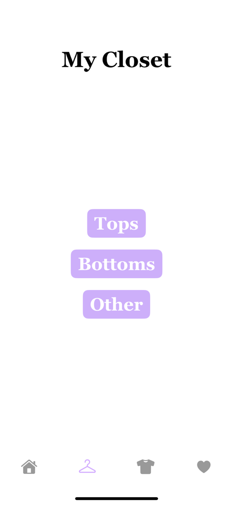 DigitalDresser - Interface of the DigitalDresser app showing wardrobe categories for Tops Bottoms and Other items