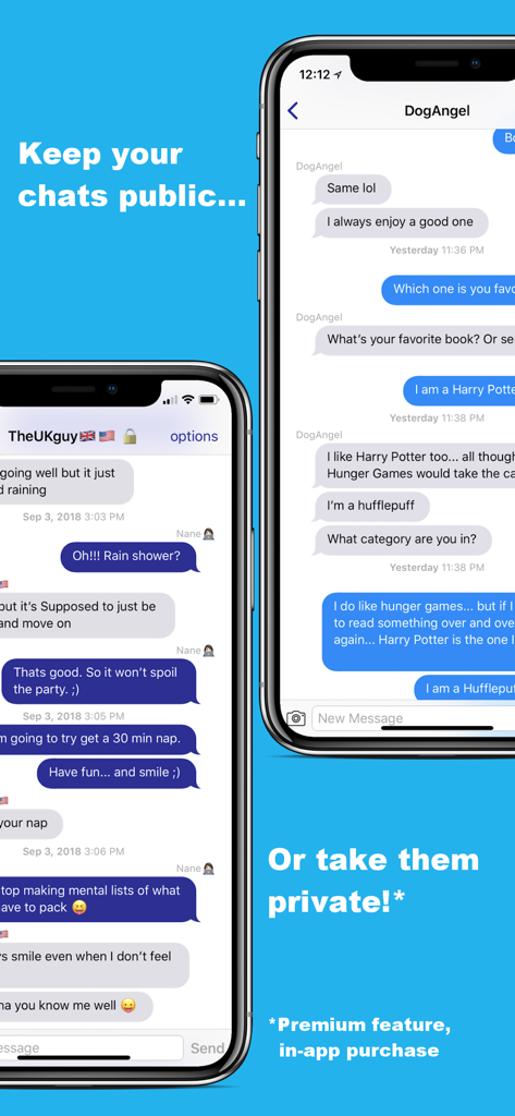 Bored Chat-chat with strangers - Two iPhones displaying the Bored Chat app interface highlighting public and private messaging features.