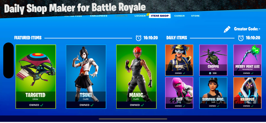 A custom-designed Fortnite item shop concept featuring various character skins and gliders