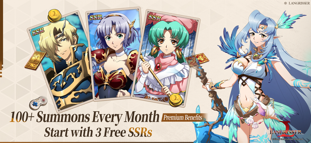 Promotional banner for Langrisser mobile game showing anime characters and offering free SSR summons.