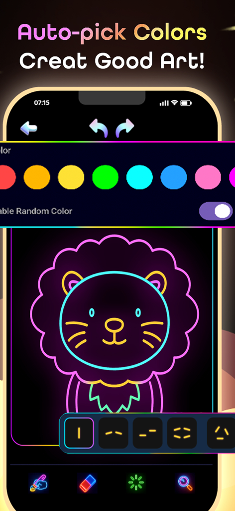 Glow Doodle: Neon Drawing Art - Neon lion drawing with vibrant color palette in Glow Doodle app