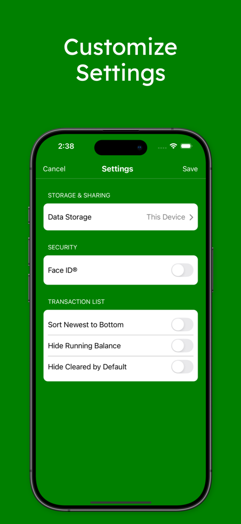 Pantalla de configuración de la aplicación The Checkbook mostrando el almacenamiento de datos, la seguridad Face ID y la personalización de la lista de transacciones