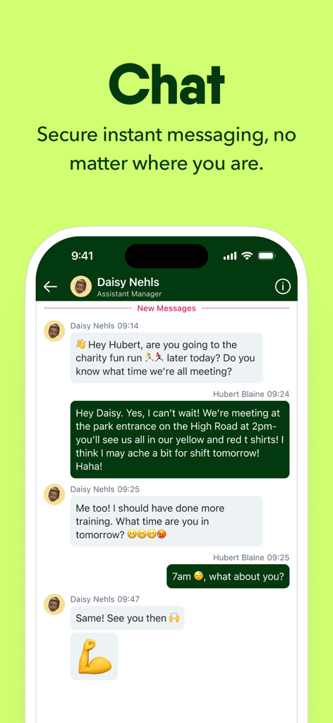 Blink - The Frontline App - Blink app secure instant messaging screen showing a chat between an assistant manager and an employee about work shifts and events
