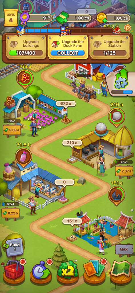 Idle Farmer: Farm Tycoon Games - A top-down view of a colorful farm in Idle Farmer featuring various animal pens, farm workers, and upgrade menus.