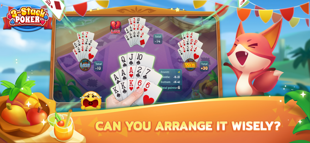 Gameplay von 3-Stack Poker ZingPlay, das strategische Kartenanordnung und ein fröhliches Fuchs-Maskottchen zeigt