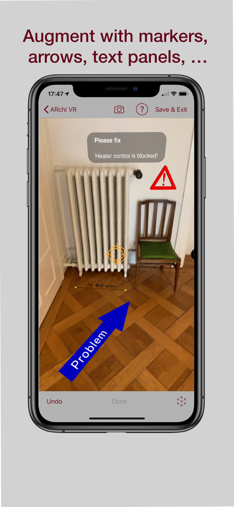 ARchi VR - Create & Browse AR - ARchi VR app interface showing a room augmented with a blue arrow labeled problem and a text panel next to a radiator