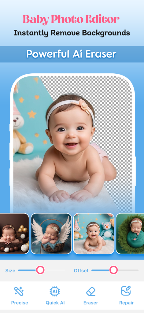Baby Photo Editor & Story - Interfaz de la aplicación Baby Photo Editor que muestra la potente función de eliminación de fondo con IA en un retrato infantil