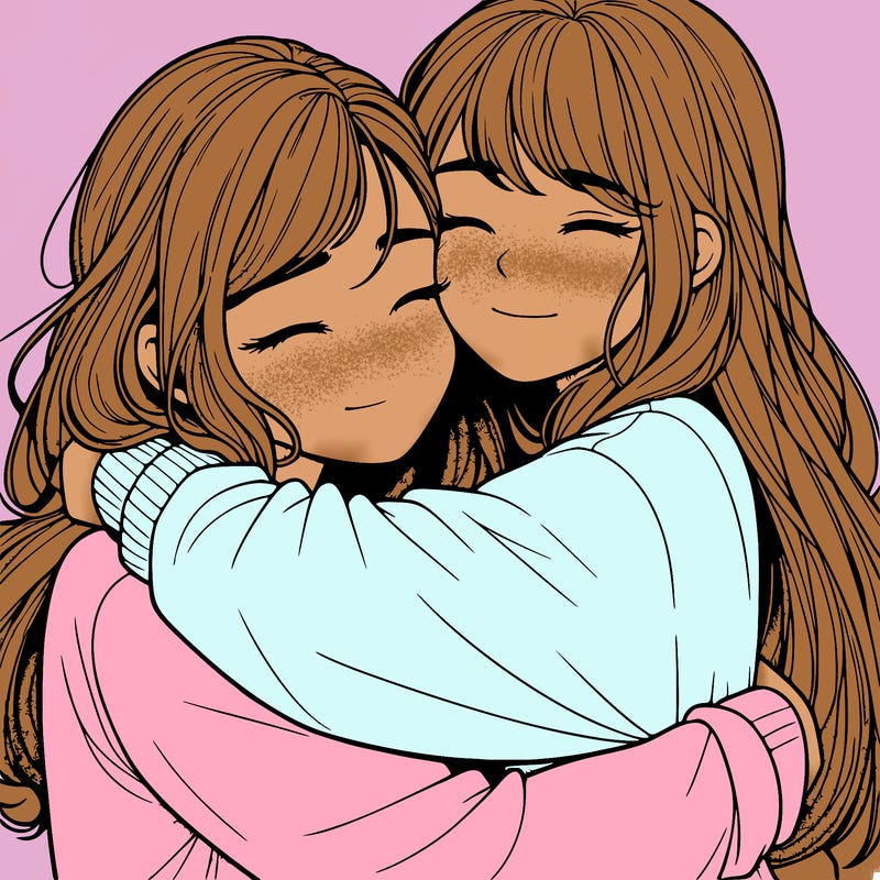 realistic two girls hugging