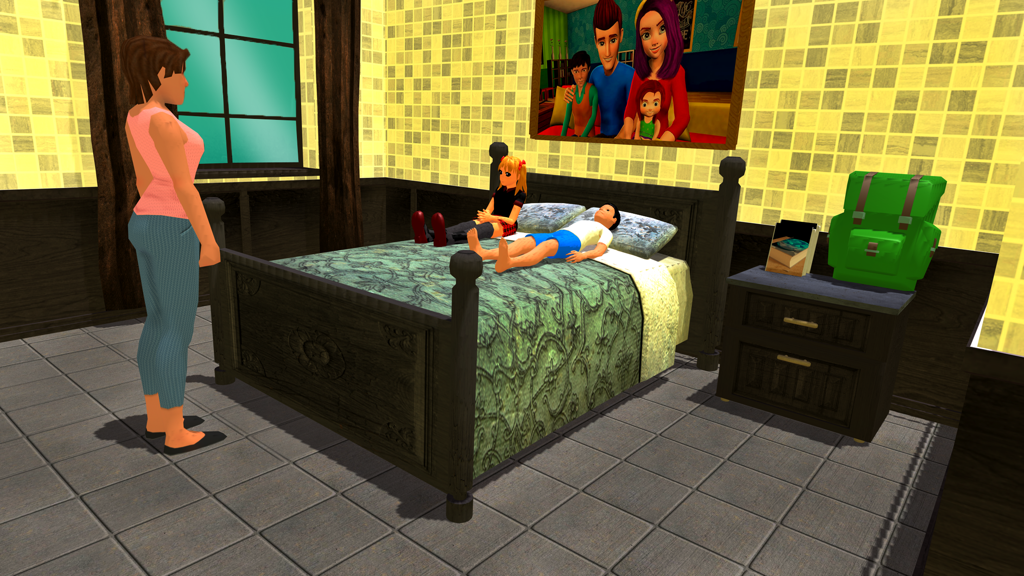 Virtual Mother Dream House Sim - Virtual mother in a bedroom with two children on a bed